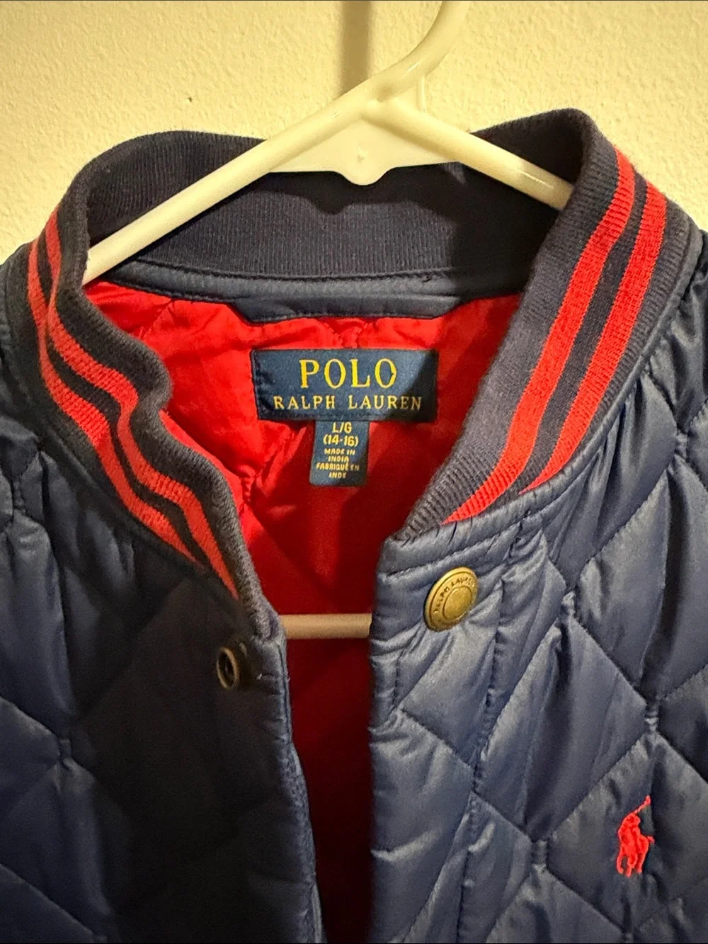 Polo by Ralph Lauren Navy Quilted Kids Puffer Jacket with Red Accents